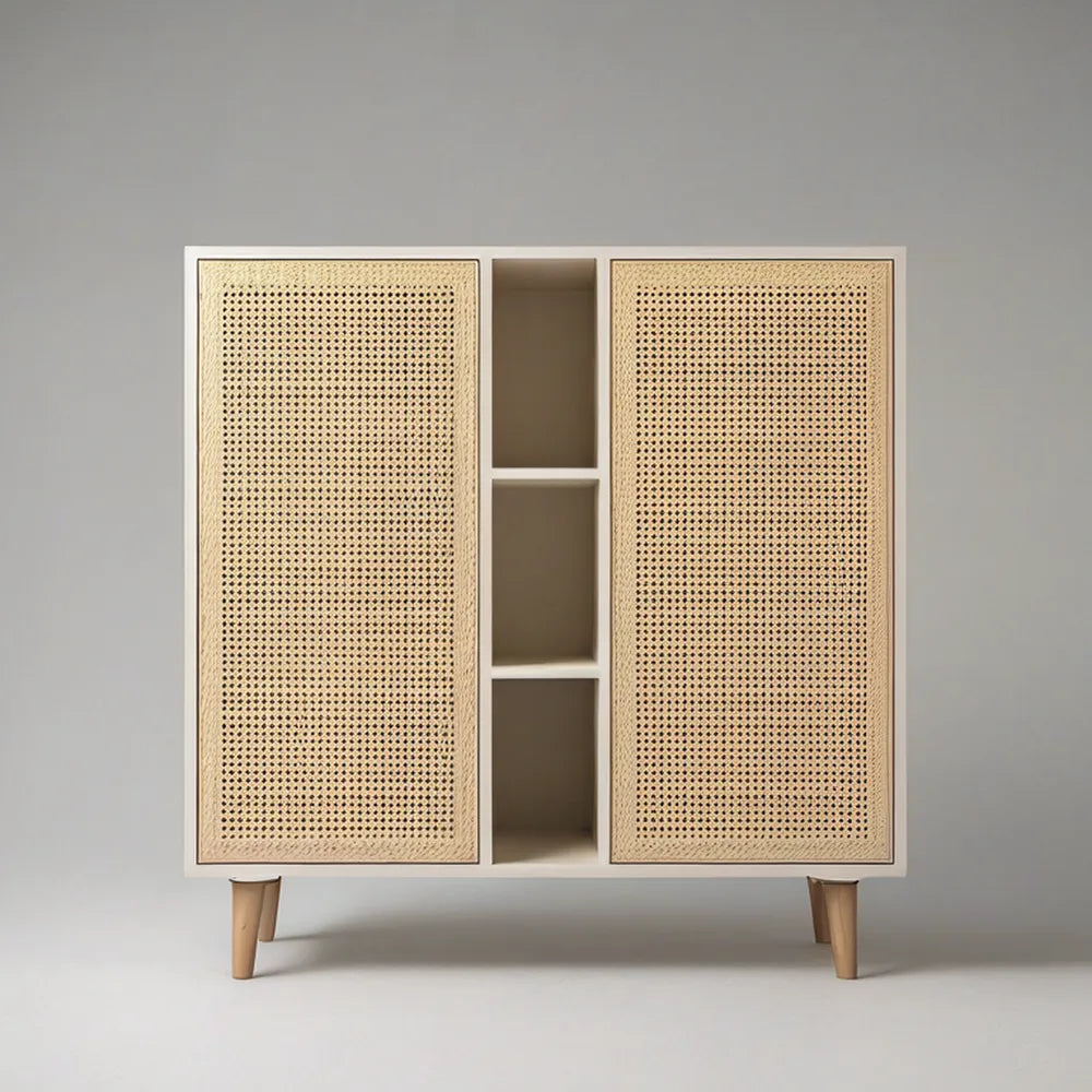 Beige and Natural Rattan Storage Cabinet, 47.2 x 15.7 x 31.5 in, MDF with Rubberwood Legs