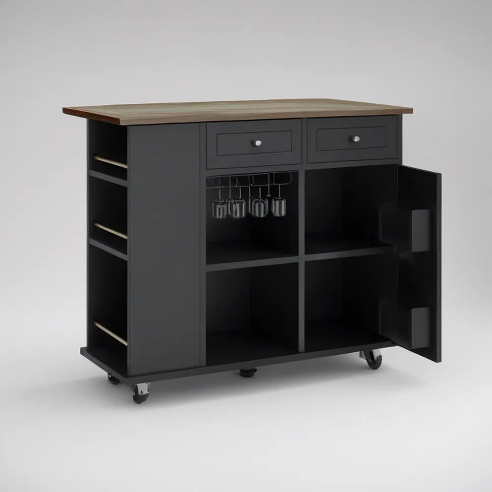 Black and Brown Kitchen Island Cart with 2 Drawers, Wine Glass Rack, Side Shelves and Locking Casters, 47.2 x 18.9 x 36.2 in
