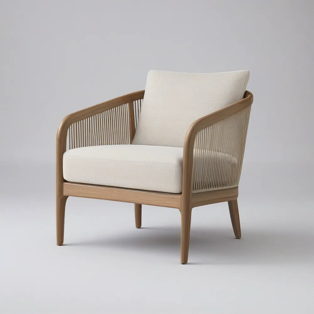 Outdoor Lounge Armchair with Ivory Cushions, Natural Brown Acacia Wood and Beige Rope, 27.6 x 29.5 x 33.1 in