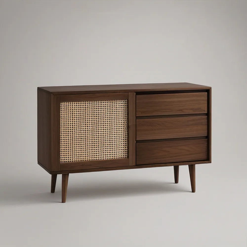 Walnut Brown Storage Cabinet with Natural Rattan Door, 3 Drawers, 47.2 x 15.7 x 31.5 in