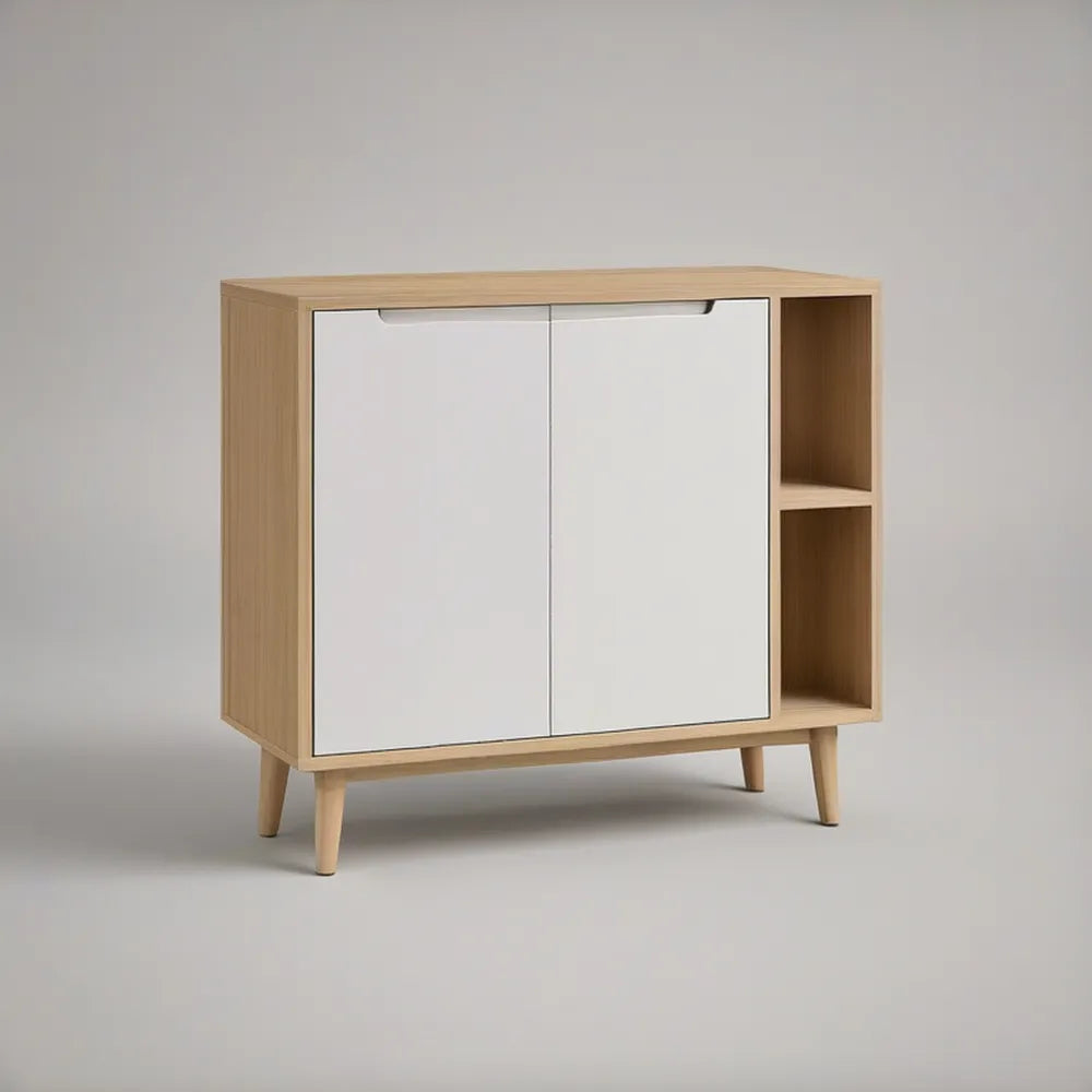 Oak and White Storage Cabinet with 2 Doors and Open Shelves, 39.4 x 15.7 x 35.4 in