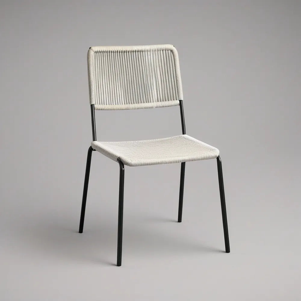 White Woven Polypropylene Rope Dining Chair with Black Powder-Coated Steel Frame, 18 x 21 x 32 in