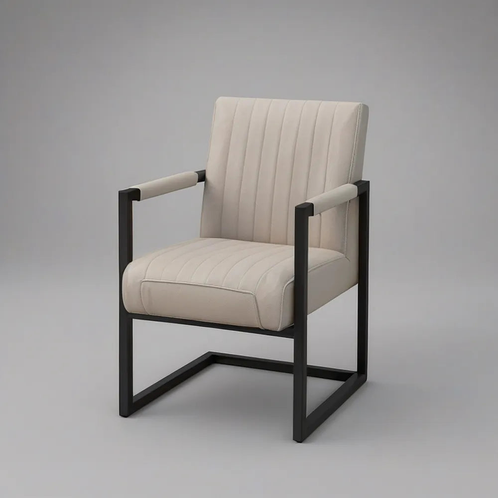 Beige PU Leather Upholstered Armchair with Black Steel Frame, 22.8 x 24.4 x 34.6 in