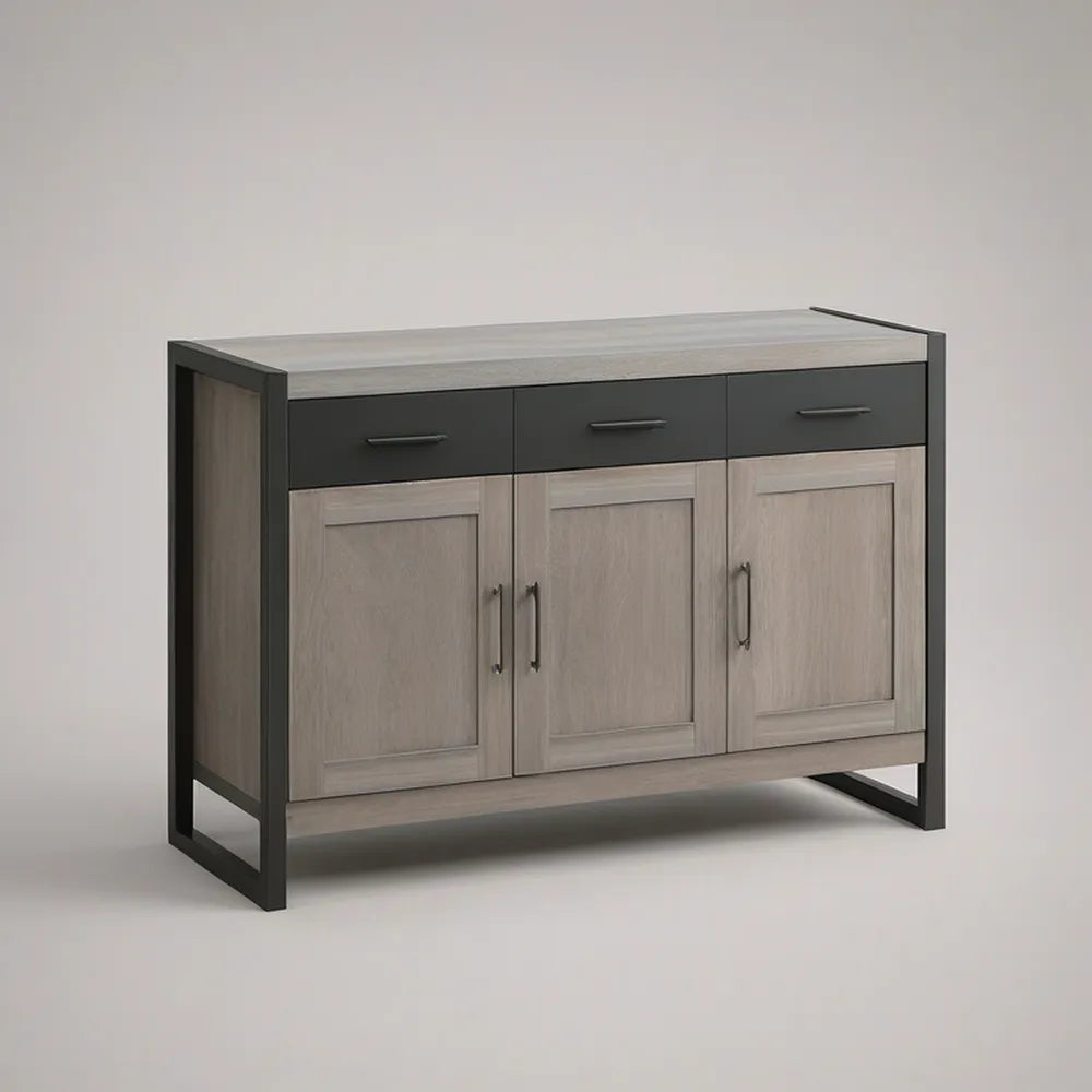 Industrial Gray and Black Sideboard Buffet Cabinet with 3 Drawers and 3 Doors, 60 W x 18 D x 36 H in