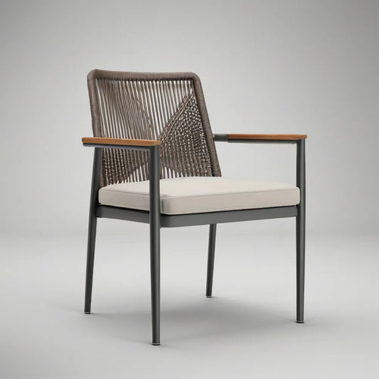 Outdoor Rope-Back Dining Armchair with Cushion, 24.0 x 25.2 x 33.1 in, Brown/Gray/Light Gray/Charcoal Gray