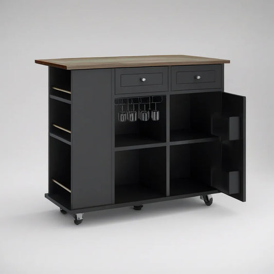 Black and Brown Kitchen Island Cart with 2 Drawers, Wine Glass Rack, Side Shelves and Locking Casters, 47.2 x 18.9 x 36.2 in
