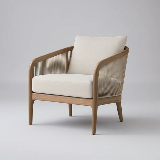 Outdoor Lounge Armchair with Ivory Cushions, Natural Brown Acacia Wood and Beige Rope, 27.6 x 29.5 x 33.1 in