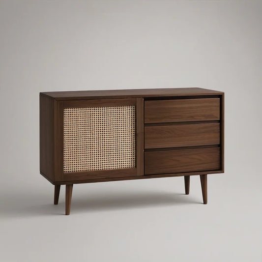 Walnut Brown Storage Cabinet with Natural Rattan Door, 3 Drawers, 47.2 x 15.7 x 31.5 in