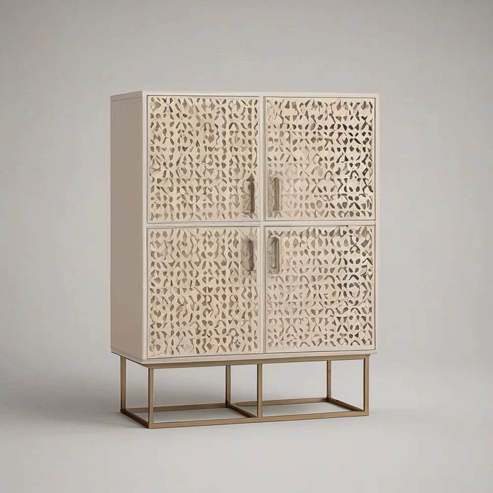 Ivory 4-Door Tall Storage Cabinet with Antique Brass Steel Base, 36 x 16 x 60 in