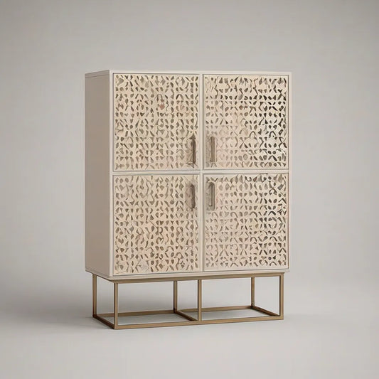 Ivory 4-Door Tall Storage Cabinet with Antique Brass Steel Base, 36 x 16 x 60 in