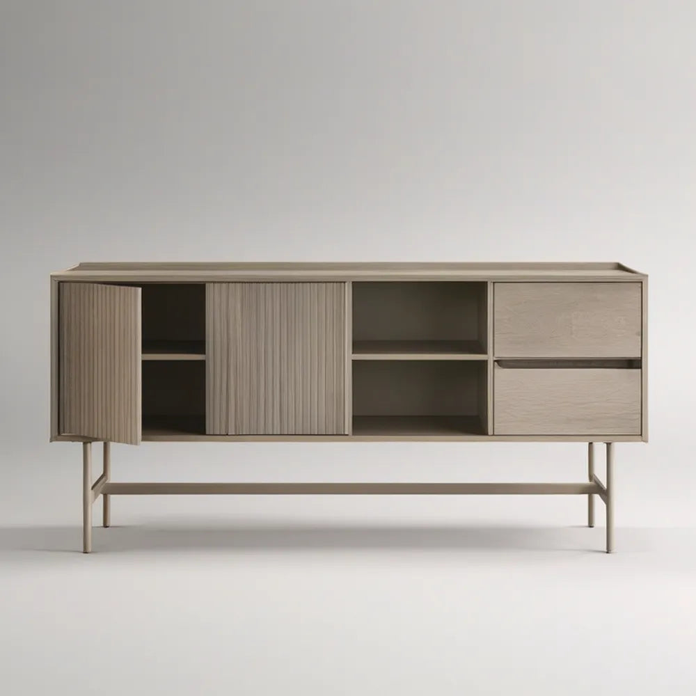 Light Gray Fluted Ash Veneer Storage Cabinet, 71 x 16 x 34 in