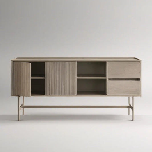 Light Gray Fluted Ash Veneer Storage Cabinet, 71 x 16 x 34 in