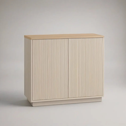 Contemporary 2-Door Fluted Storage Sideboard, Light Oak/Beige, 39.4 x 15.7 x 35.4 in