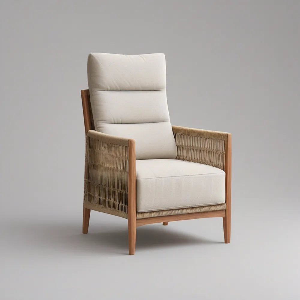 Outdoor High-Back Lounge Armchair, 28.3 x 31.5 x 39.4 in, Solid Acacia Wood, Cream/Natural Brown/Taupe