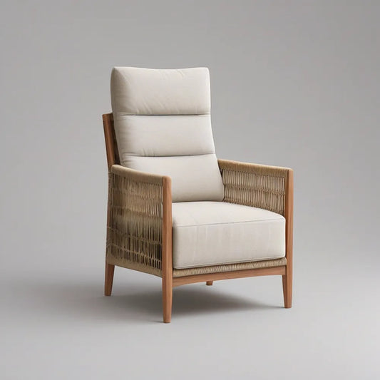 Outdoor High-Back Lounge Armchair, 28.3 x 31.5 x 39.4 in, Solid Acacia Wood, Cream/Natural Brown/Taupe