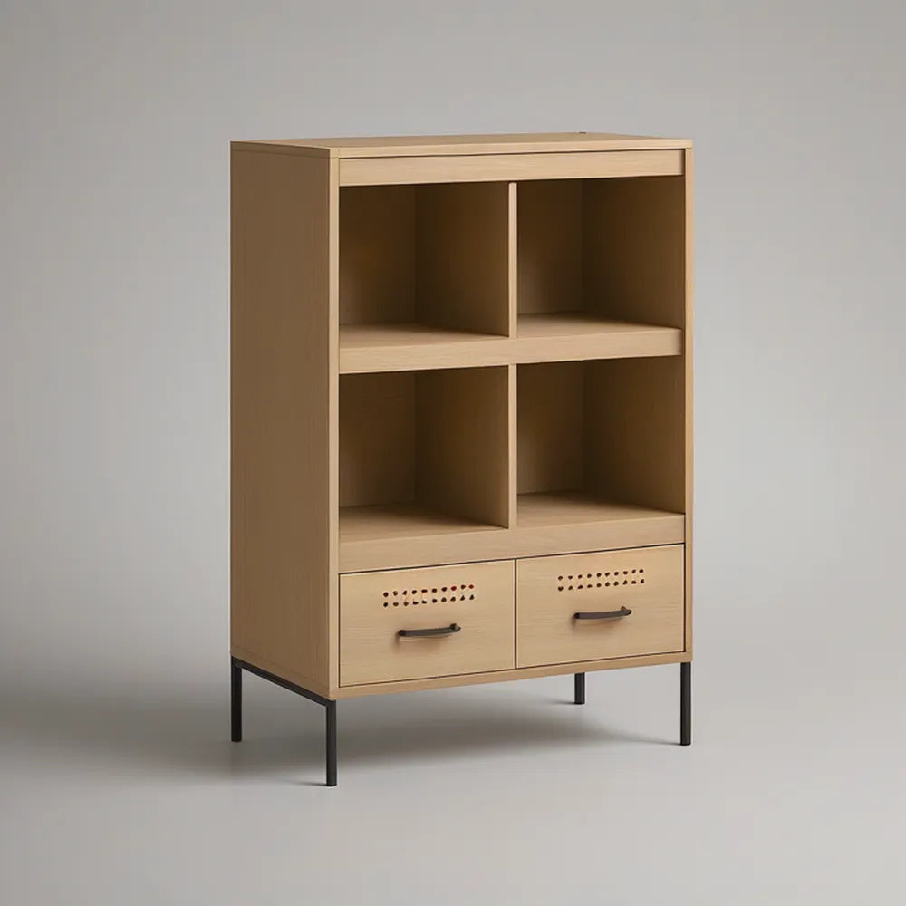 Light Oak Engineered Wood Storage Cabinet with 4 Open Compartments, 2 Drawers and Black Steel Legs, 35.4 x 15.7 x 55.1 in