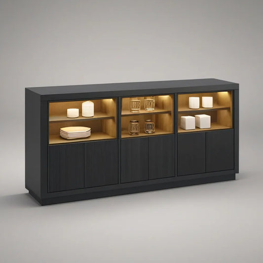 70.9 x 15.7 x 31.5 in Black Engineered Wood Storage Cabinet with Warm Brown LED-Lit Display Shelves