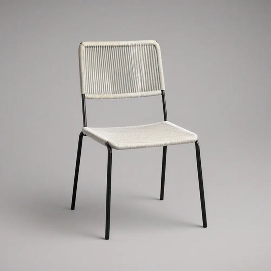 White Woven Polypropylene Rope Dining Chair with Black Powder-Coated Steel Frame, 18 x 21 x 32 in