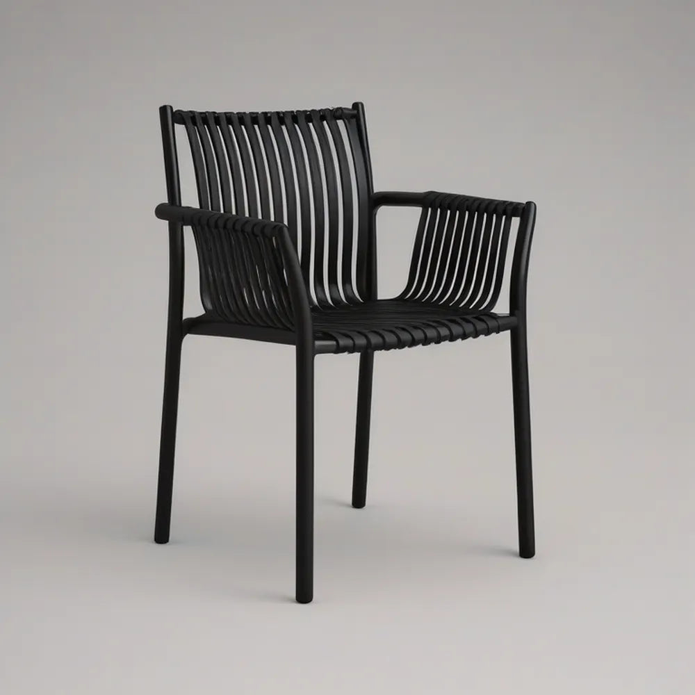 Black Curved Slatted Polypropylene Outdoor Armchair, 58 x 56 x 82 cm