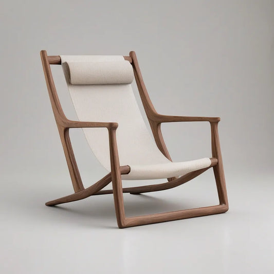 Acacia Wood Sling Lounge Chair with Cream Polyester Fabric and Headrest, 70 x 95 x 100 cm