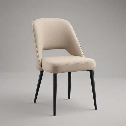 Upholstered Curved-Back Chair, Beige Polyester Fabric with Black Steel Legs, 20 in W x 23 in D x 32 in H