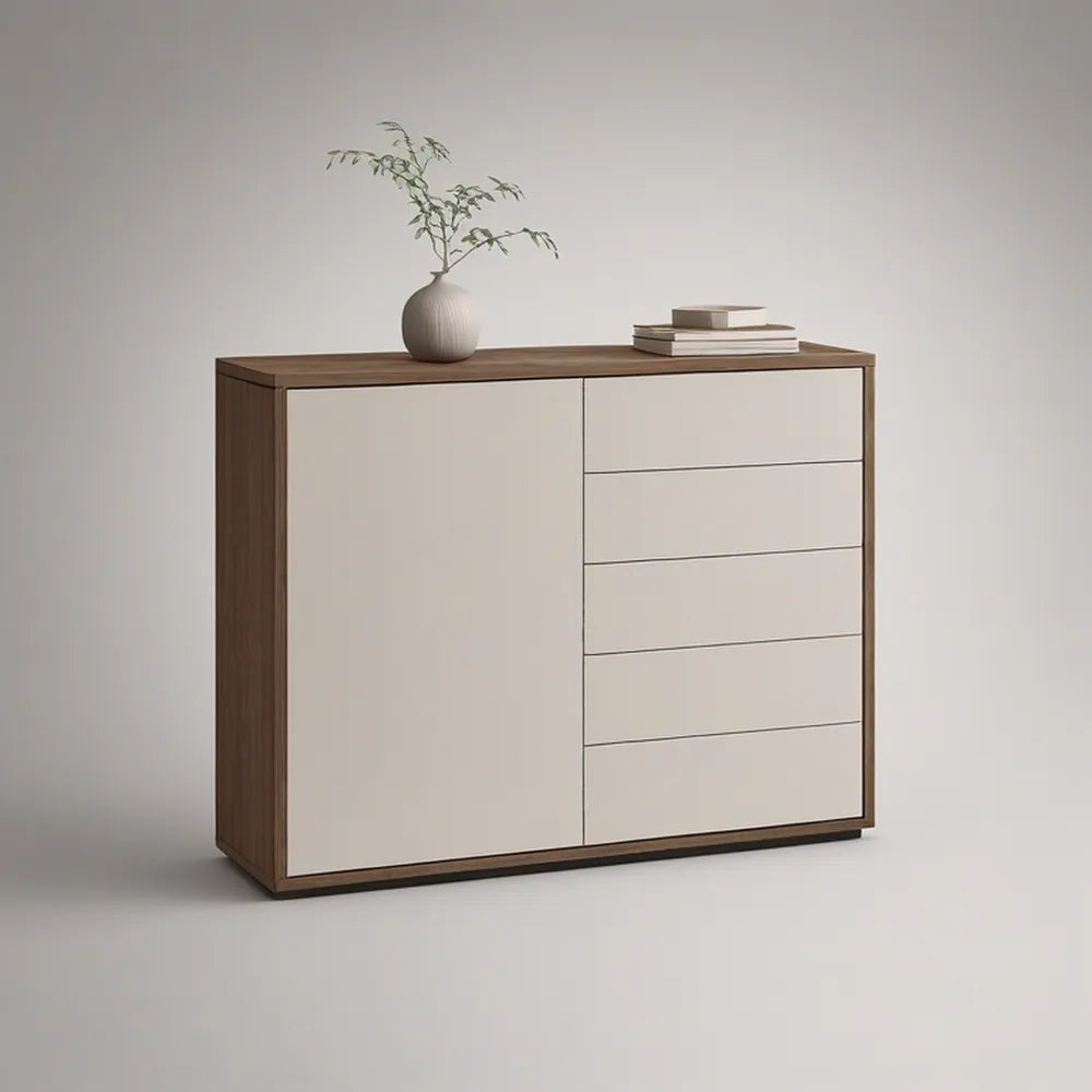 47.2 x 15.7 x 31.5 in Walnut and White Engineered Wood Sideboard with 1 Door and 4 Drawers